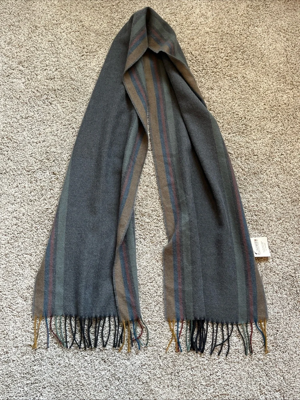 Men's Baby Puruvian Alpaca Gray Scarf with Olive, Blue, and Rust Stripes